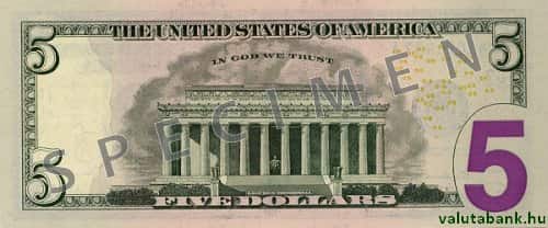 5 dolláros címlet hátulja - USA dollár bankjegy - USD